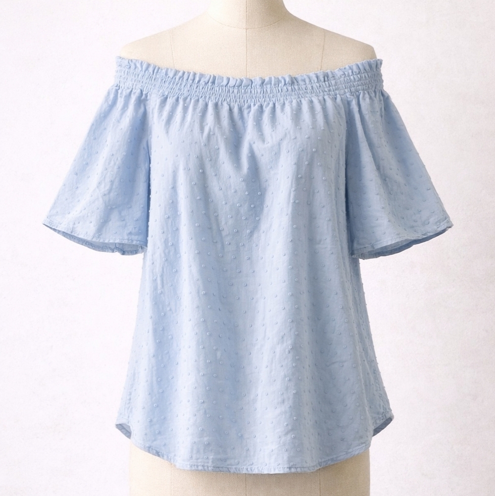 H&M Light Blue Off-Shoulder Swiss Dot Blouse